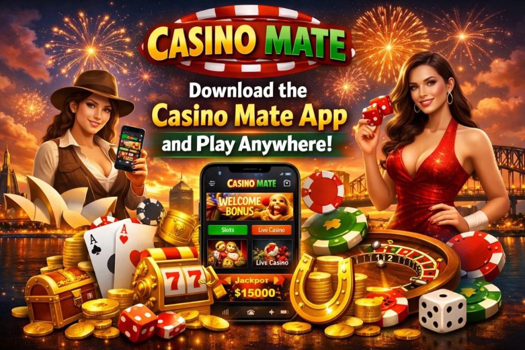 Casino Mate mobile app banner showing smartphone casino interface with slots, roulette and Australian skyline promoting the Casino Mate app download