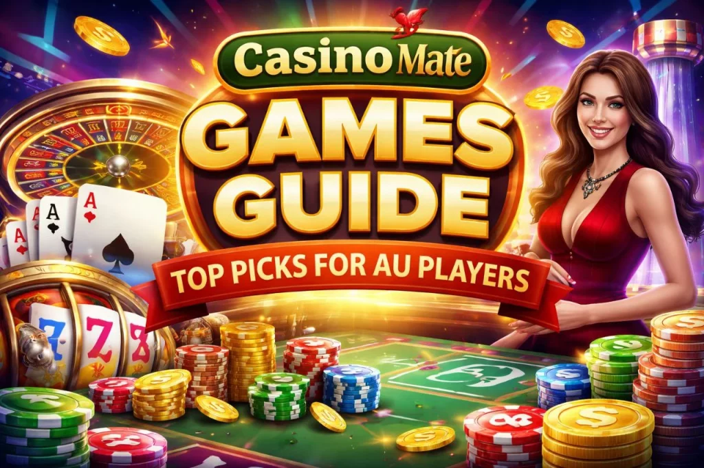 Casino Mate Games Guide banner featuring slots, roulette, poker chips, and live casino elements for Australian players