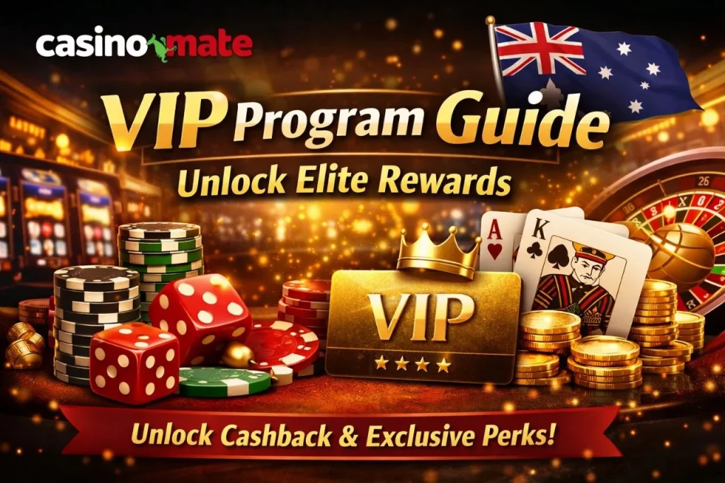 Casino Mate VIP Program Guide banner with gold VIP card, casino chips, cards and roulette, promoting elite rewards and cashback for players